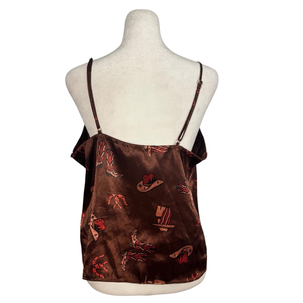 Size M western inspired brown satin camisole/tank cowboy hat boot print - Picture 4 of 10